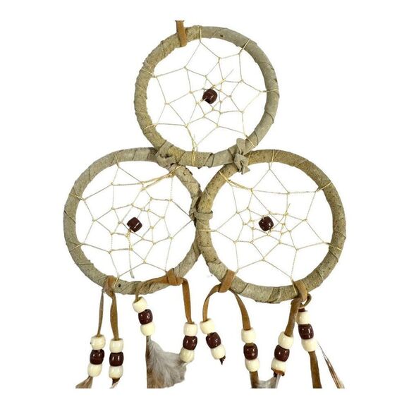 Handmade Triple Ring Dreamcatcher Feathers & Beads Southwest Genuine Vintage - Picture 2 of 7